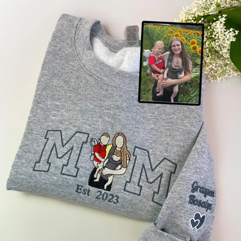Felpa Personalizzata Per Mamma, Felpa Con Cappuccio Con Foto, Ritratto Ricamato Di Mamma E Bambini, Maglietta Universitaria, Maglietta Ricamata Personalizzata Da Om