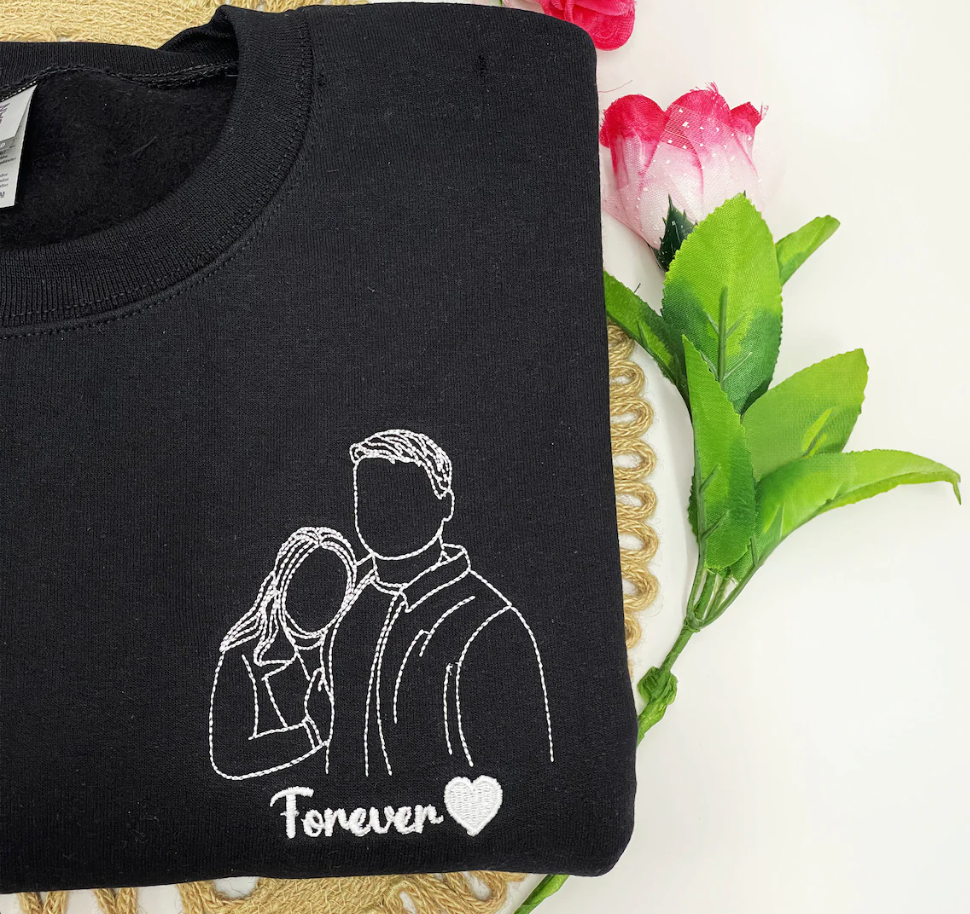 Felpa con ritratto personalizzato ricamato da foto, felpa con foto di contorno, regalo di famiglia con disegno a tratteggio, felpa con cappuccio per coppia