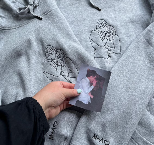 Felpa con ritratto personalizzato ricamato da foto, felpa con foto di contorno, regalo di famiglia con disegno a tratteggio, felpa con cappuccio per coppia