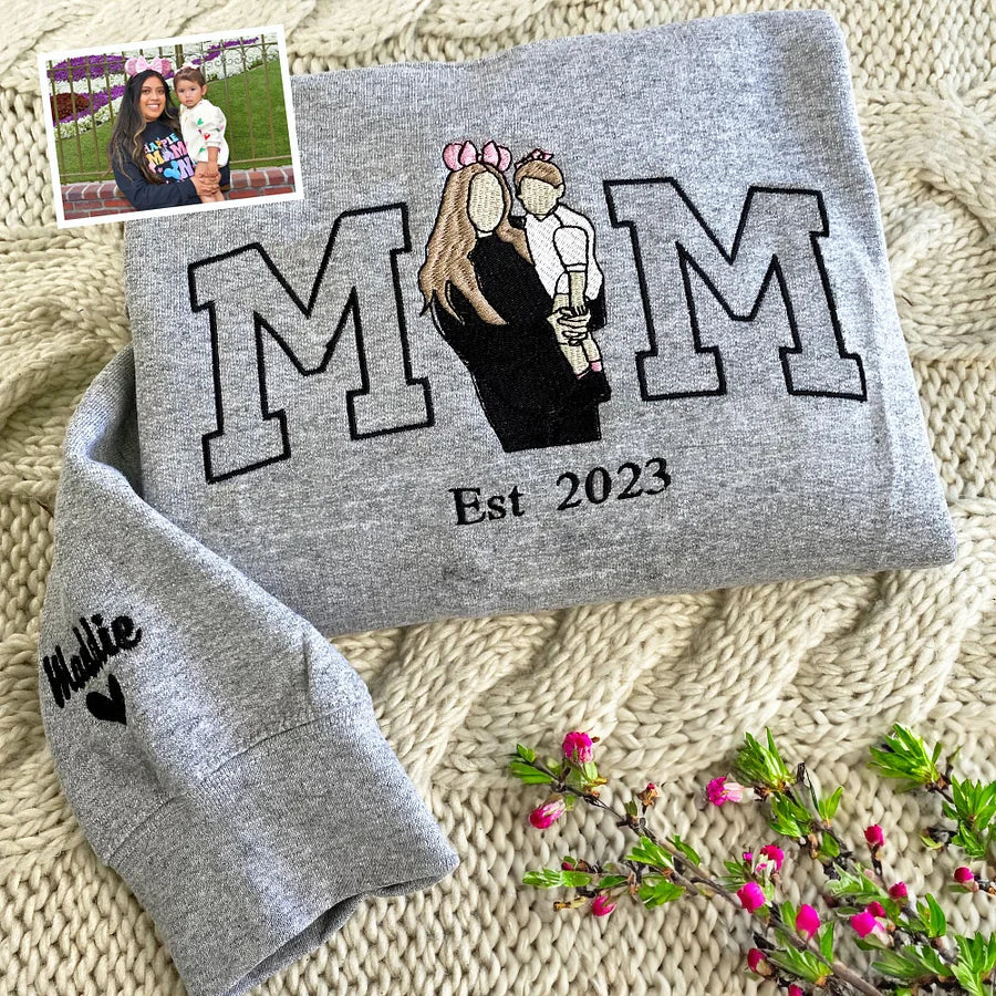 Felpa Personalizzata Per Mamma, Felpa Con Cappuccio Con Foto, Ritratto Ricamato Di Mamma E Bambini, Maglietta Universitaria, Maglietta Ricamata Personalizzata Da Om
