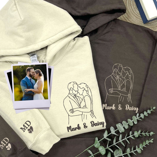 Felpa con ritratto personalizzato ricamato da foto, maglietta con ritratto di coppia, ritratto di matrimonio, felpa con cappuccio coordinata per coppia, regalo di anniversario per la moglie