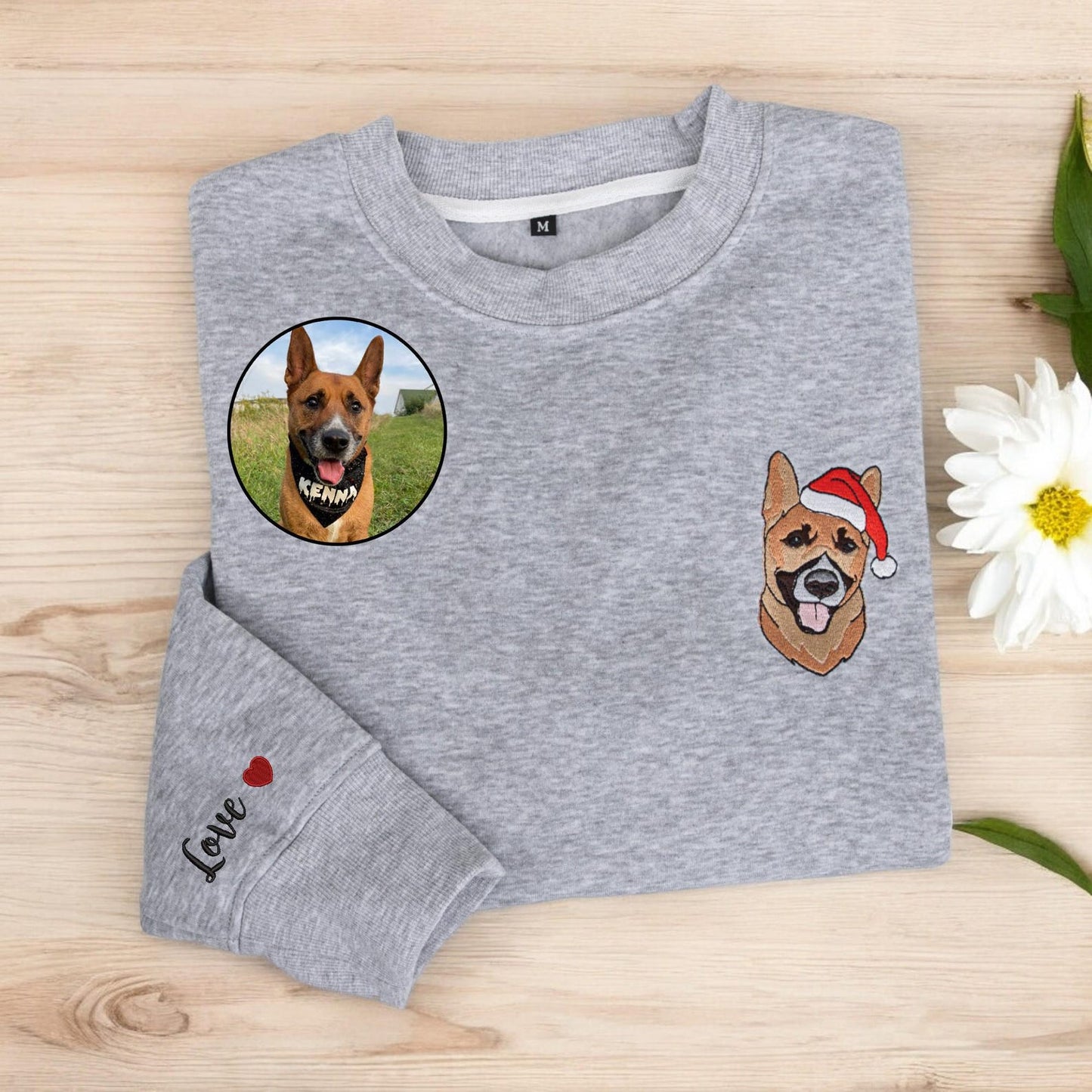 Felpa personalizzata con muso di cane ricamato, nome del cane, cappello da Babbo Natale, girocollo, felpa natalizia personalizzata per cani, maglietta natalizia personalizzata per animali domestici da foto, brutto Natale