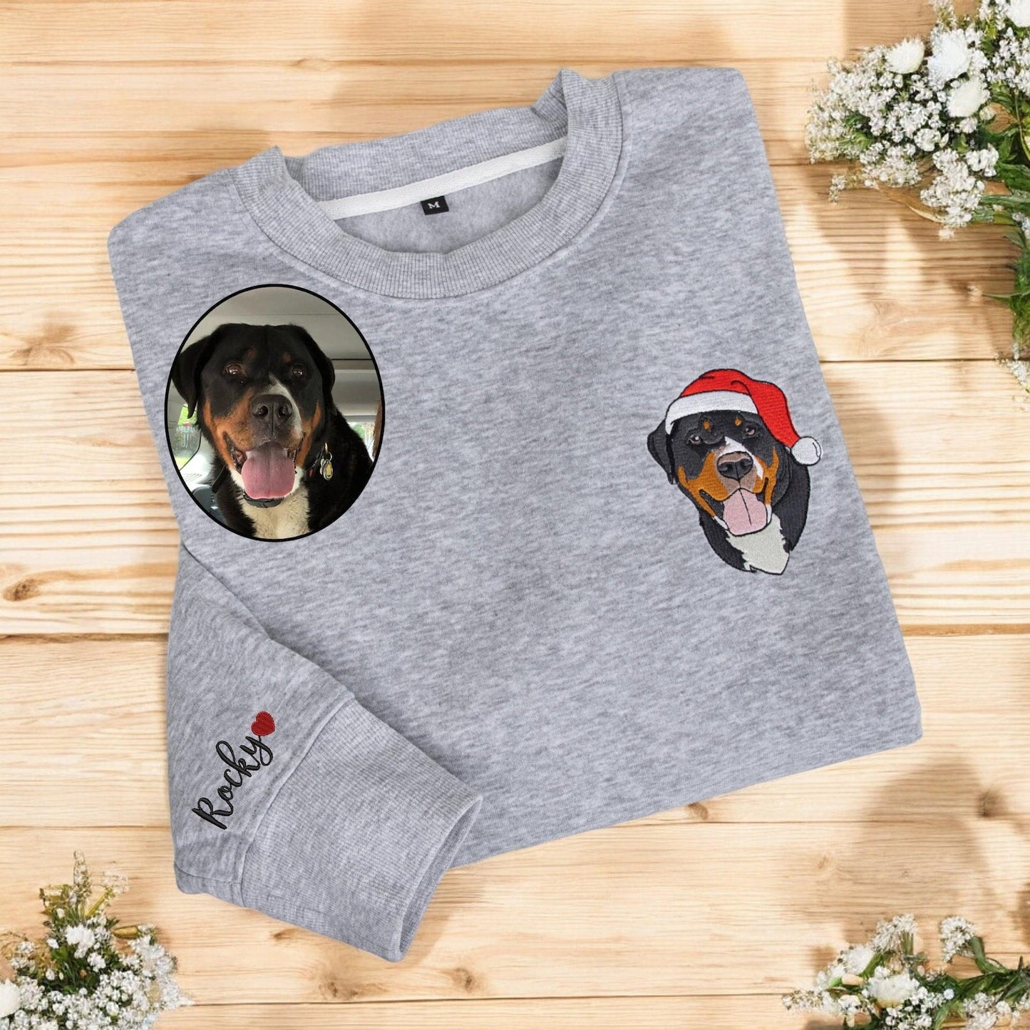 Felpa personalizzata con muso di cane ricamato, nome del cane, cappello da Babbo Natale, girocollo, felpa natalizia personalizzata per cani, maglietta natalizia personalizzata per animali domestici da foto, brutto Natale