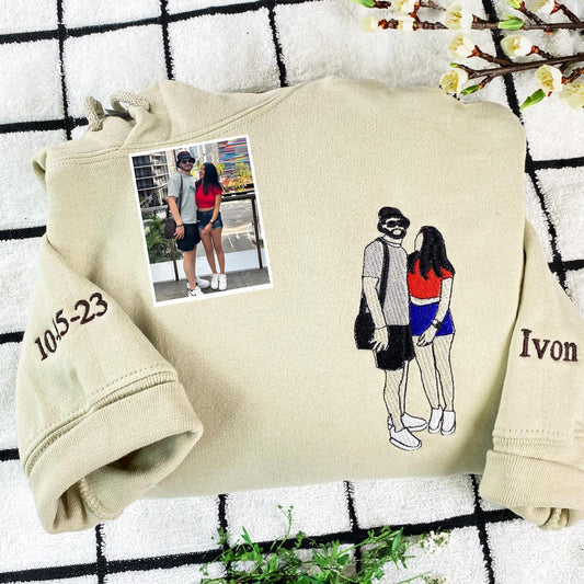 Felpa con cappuccio personalizzata con ricamo per coppia, felpa con ritratto personalizzato da foto, felpa per coppia, regalo di anniversario, regalo personalizzato per coppia