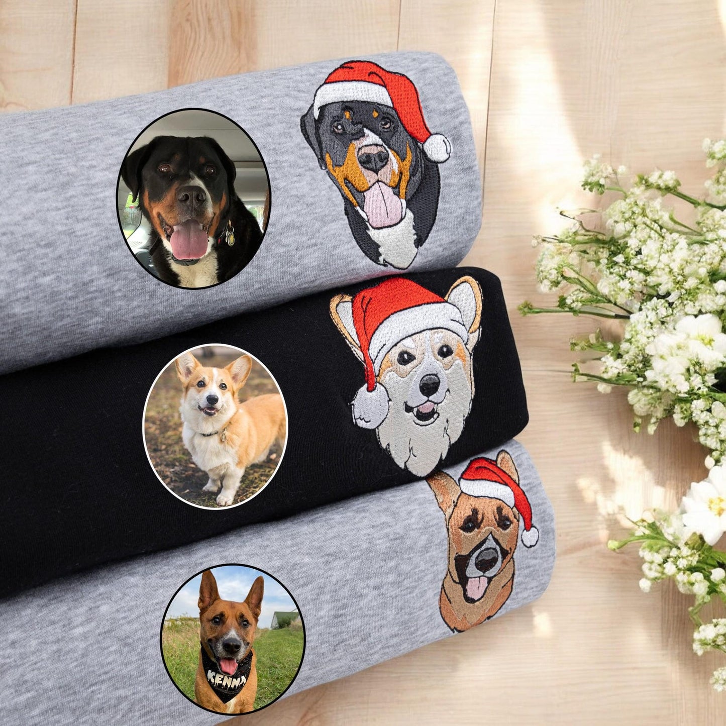 Felpa personalizzata con muso di cane ricamato, nome del cane, cappello da Babbo Natale, girocollo, felpa natalizia personalizzata per cani, maglietta natalizia personalizzata per animali domestici da foto, brutto Natale