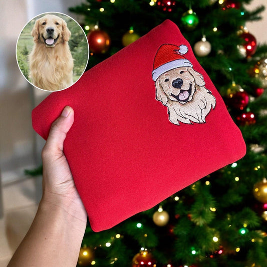 Felpa personalizzata con muso di cane ricamato, nome del cane, cappello da Babbo Natale, girocollo, felpa natalizia personalizzata per cani, maglietta natalizia personalizzata per animali domestici da foto, brutto Natale