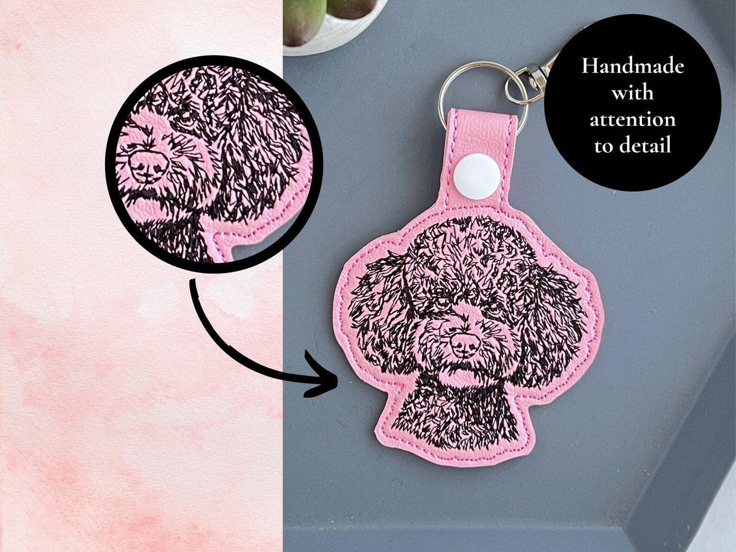 Poodle Sketch Portrait Keychain: Embroidered Key Fob Or Bag Charm, Custom Color Options, Great Gift For Pet Parent