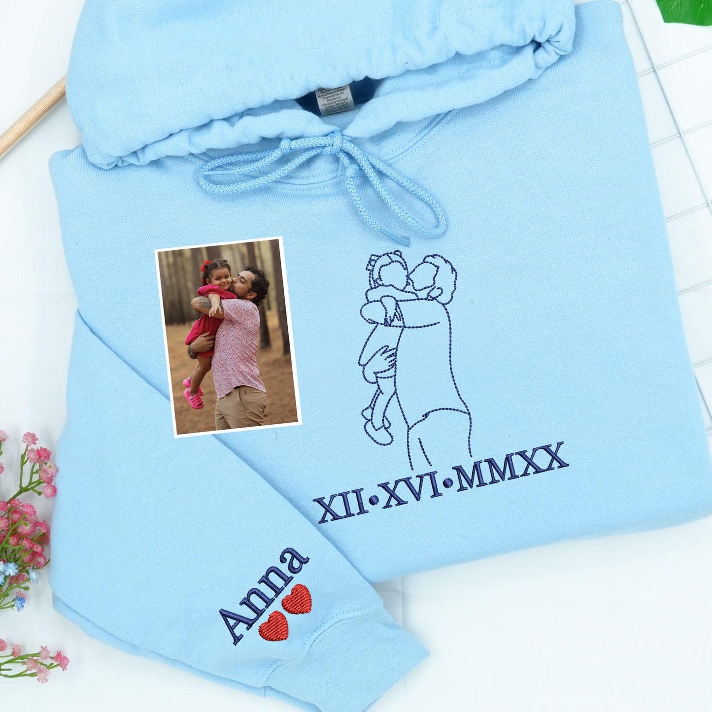 Felpa Con Ricamo Raffigurante Il Profilo Di Papà E Figlia | Felpe Personalizzate Per Papà | Felpa Con Cappuccio Personalizzata Con Ritratto Di Papà | Regali Per La Festa Del Papà