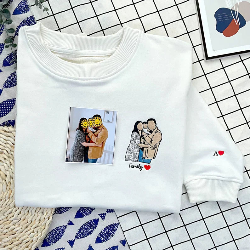 Felpa con ricamo personalizzata, felpa con cappuccio con ricamo personalizzata, ritratto fotografico personalizzato, maglietta con ricamo personalizzata, regalo di coppia con ritratto di famiglia senza volto