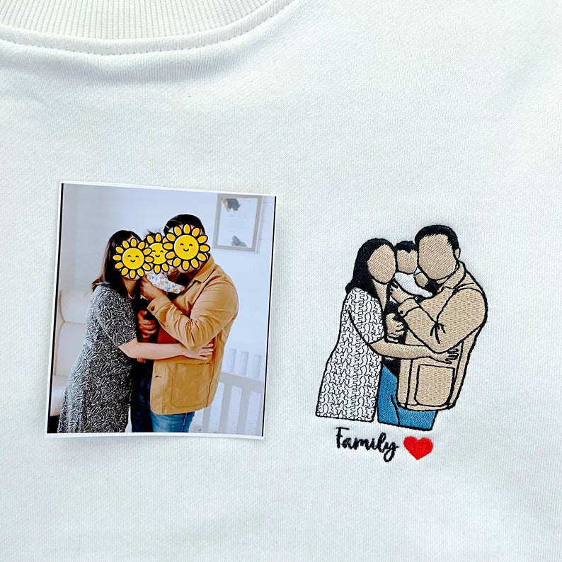 Felpa con ricamo personalizzata, felpa con cappuccio con ricamo personalizzata, ritratto fotografico personalizzato, maglietta con ricamo personalizzata, regalo di coppia con ritratto di famiglia senza volto