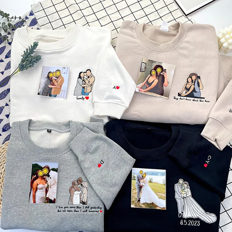 Felpa con ricamo personalizzata, felpa con cappuccio con ricamo personalizzata, ritratto fotografico personalizzato, maglietta con ricamo personalizzata, regalo di coppia con ritratto di famiglia senza volto