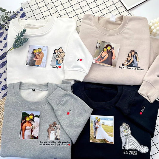 Felpa con ricamo personalizzata, felpa con cappuccio con ricamo personalizzata, ritratto fotografico personalizzato, maglietta con ricamo personalizzata, regalo di coppia con ritratto di famiglia senza volto