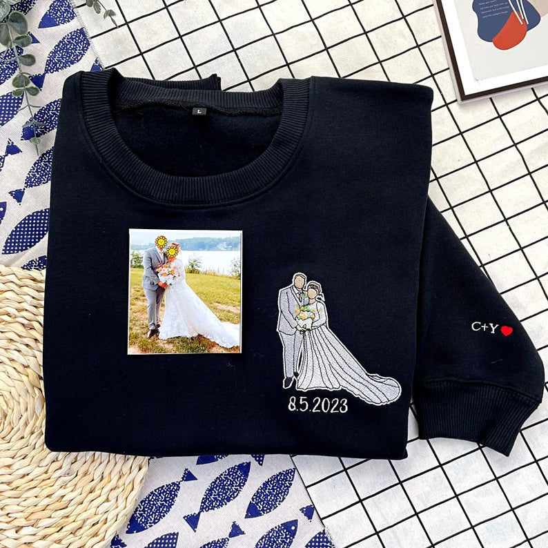 Felpa con ricamo personalizzata, felpa con cappuccio con ricamo personalizzata, ritratto fotografico personalizzato, maglietta con ricamo personalizzata, regalo di coppia con ritratto di famiglia senza volto
