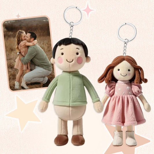 Portachiavi con bambola di peluche con foto di famiglia personalizzata, bambola con viso personalizzato - Regalo prezioso per papà