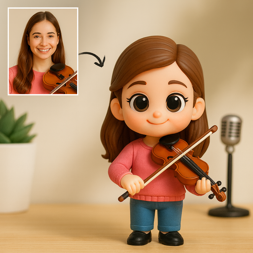 Statuetta 3D personalizzata raffigurante una ragazza musicista, realizzata con una foto. Un regalo unico e personalizzato per amanti della musica e artisti.