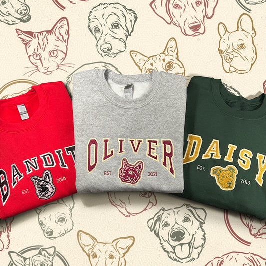 Felpa personalizzata con ritratto di cane ricamato, maglione personalizzato per cani ricamato - Felpa college in stile universitario