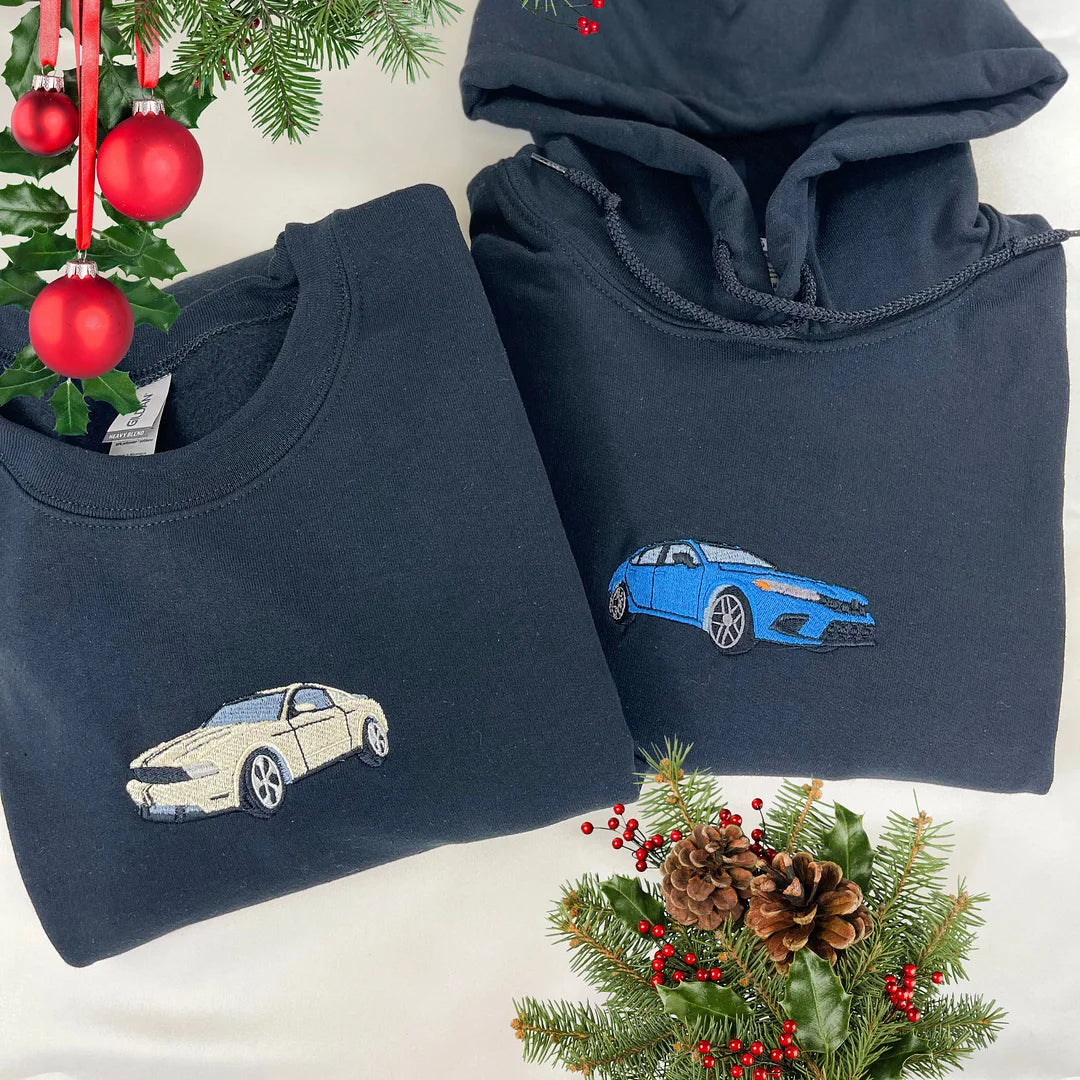 Felpa con cappuccio per auto personalizzata ricamata, foto di auto ricamata, felpa con cappuccio per auto personalizzata