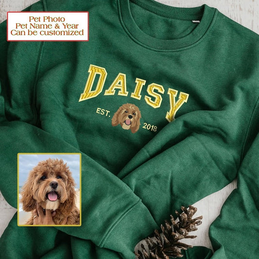 Felpa personalizzata con ricamo per animali domestici, cane/gatto personalizzato con ricamo fotografico, felpa con cappuccio/scollo rotondo personalizzata