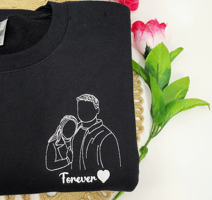 Felpa con ritratto personalizzato ricamato da foto, felpa con foto di contorno, regalo di famiglia con disegno a tratteggio, felpa con cappuccio per coppia