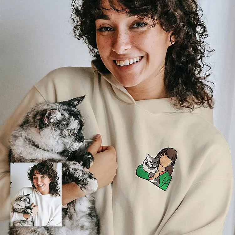 Felpa con cappuccio e maglietta con ricamo fotografico personalizzato per cane/gatto.