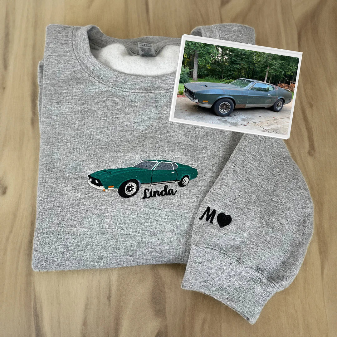 Felpa con cappuccio per auto personalizzata ricamata, foto di auto ricamata, felpa con cappuccio per auto personalizzata