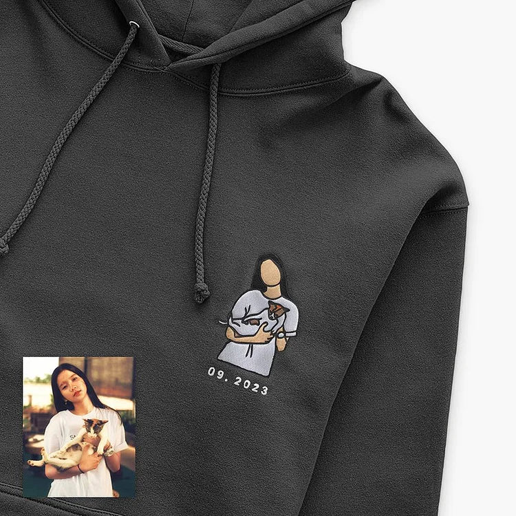Felpa con cappuccio e maglietta con ricamo fotografico personalizzato per cane/gatto.