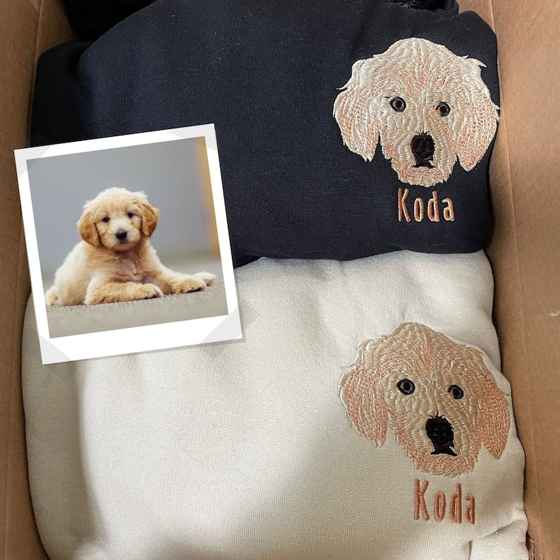 Felpa con cappuccio personalizzata con ricamo fotografico del tuo animale domestico, regalo per mamma di cani, ricamo per cani, girocollo per animali domestici