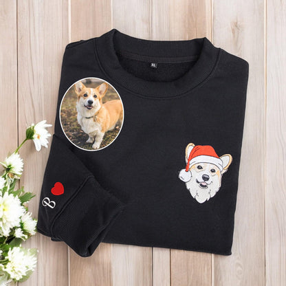 Felpa personalizzata con muso di cane ricamato, nome del cane, cappello da Babbo Natale, girocollo, felpa natalizia personalizzata per cani, maglietta natalizia personalizzata per animali domestici da foto, brutto Natale