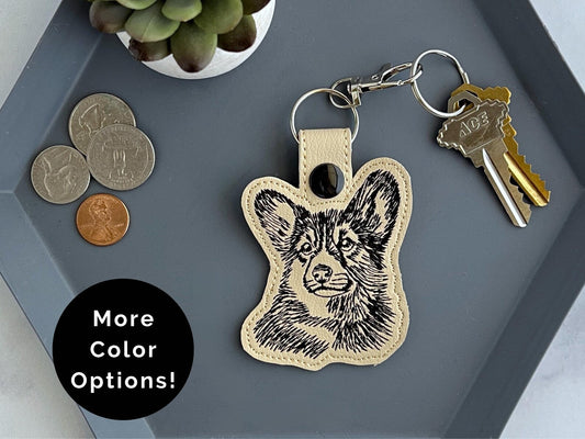 Corgi Sketch Portrait Keychain: Embroidered Dog Key Fob Or Bag Charm, Custom Color Options, Great Gift For Pet Parent