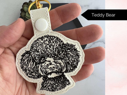Poodle Sketch Portrait Keychain: Embroidered Key Fob Or Bag Charm, Custom Color Options, Great Gift For Pet Parent