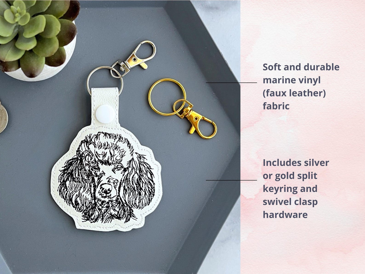 Poodle Sketch Portrait Keychain: Embroidered Key Fob Or Bag Charm, Custom Color Options, Great Gift For Pet Parent