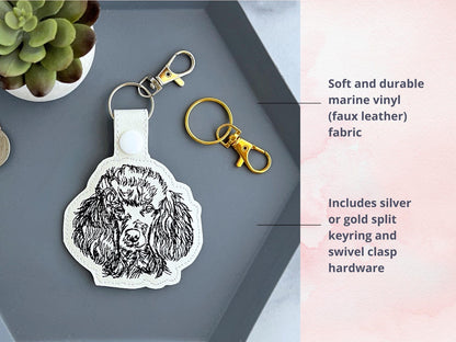 Poodle Sketch Portrait Keychain: Embroidered Key Fob Or Bag Charm, Custom Color Options, Great Gift For Pet Parent