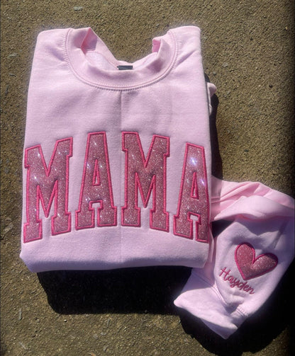 Felpa con ricamo glitterato personalizzato "mama" o t-shirt a maniche corte in colori comodi
