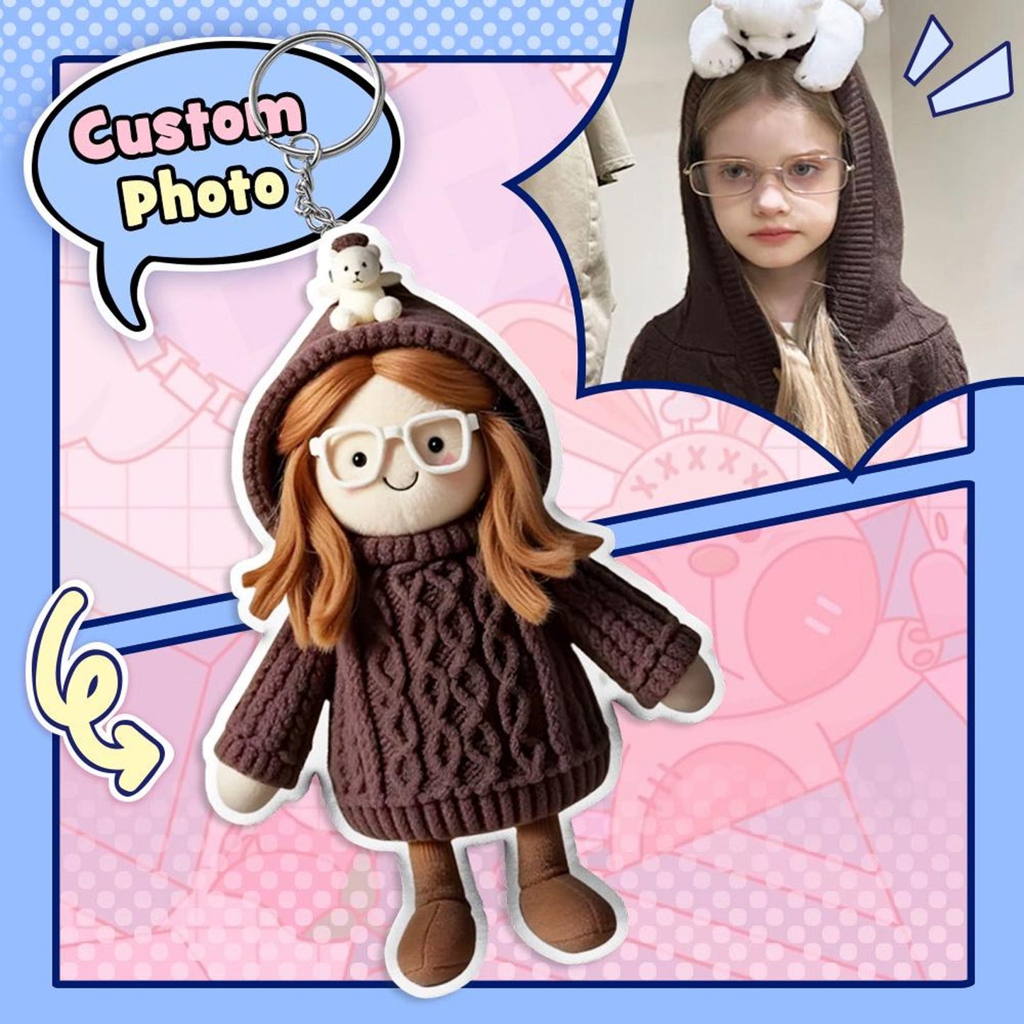 Portachiavi con bambola di peluche 3D con foto personalizzata