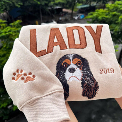 Felpa personalizzata con ricamo del ritratto del tuo animale domestico, girocollo college per cani ricamato in colori confortevoli, felpa con cappuccio personalizzata con ricamo del muso del tuo cane da foto