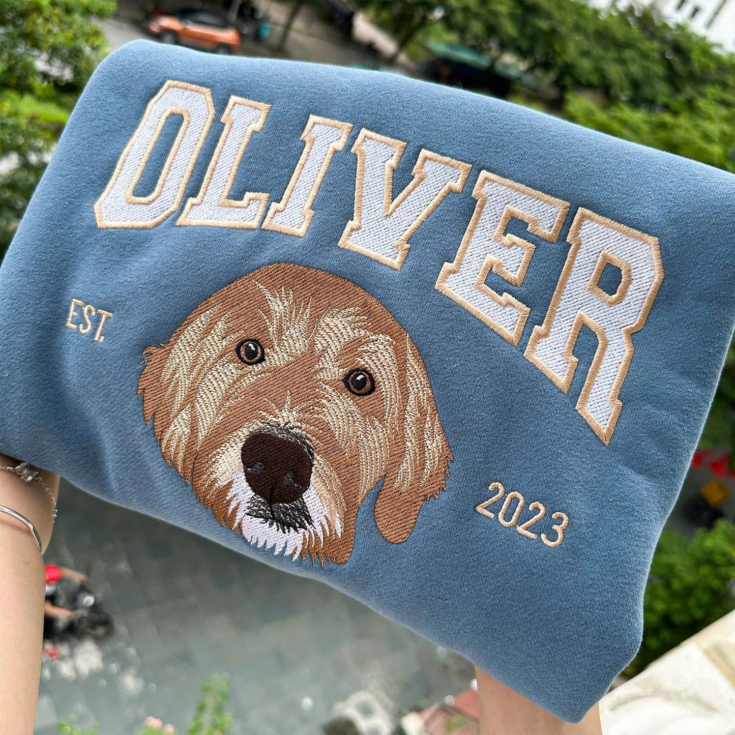 Felpa personalizzata con ricamo del ritratto del tuo animale domestico, girocollo college per cani ricamato in colori confortevoli, felpa con cappuccio personalizzata con ricamo del muso del tuo cane da foto