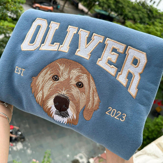 Felpa personalizzata con ricamo del ritratto del tuo animale domestico, girocollo college per cani ricamato in colori confortevoli, felpa con cappuccio personalizzata con ricamo del muso del tuo cane da foto