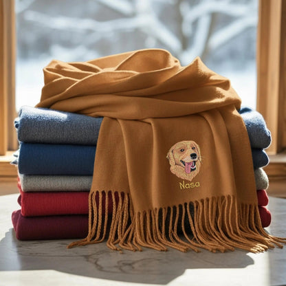 Sciarpa di lana ricamata con ritratto e nome del cane: regalo di Natale perfetto per le mamme di cani