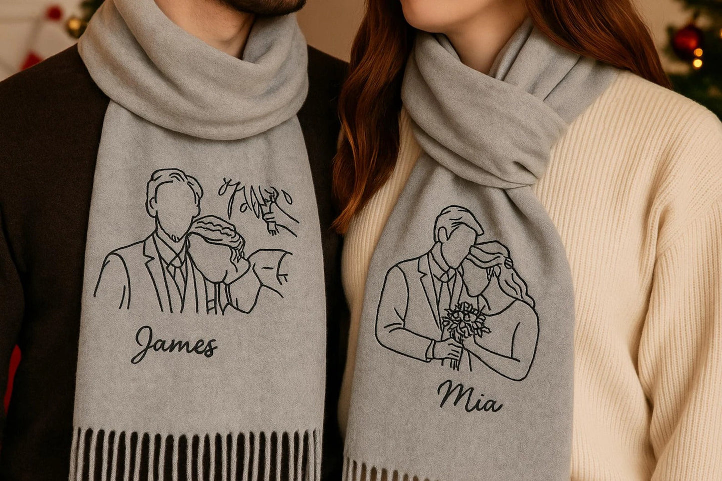 Sciarpa di lana ricamata personalizzata con foto: regalo unico per lei e per lui
