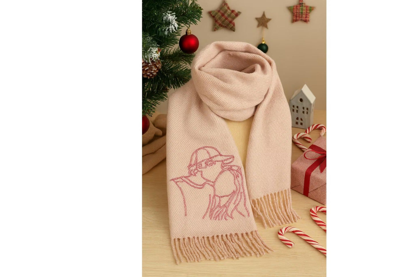 Sciarpa di lana ricamata personalizzata con foto: regalo unico per lei e per lui