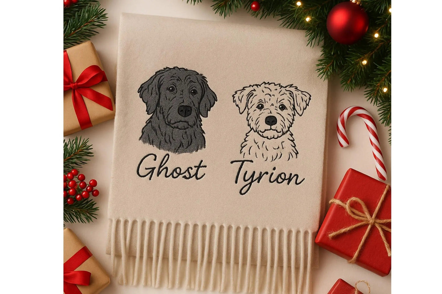 Sciarpa di lana personalizzata con ritratto di animale domestico: cane o gatto ricamato individualmente