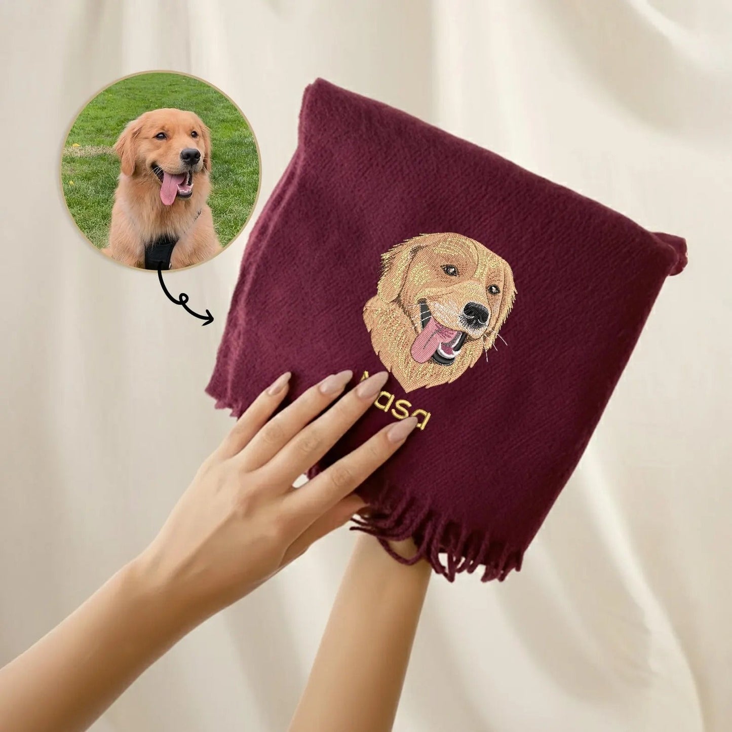 Sciarpa di lana ricamata con ritratto e nome del cane: regalo di Natale perfetto per le mamme di cani