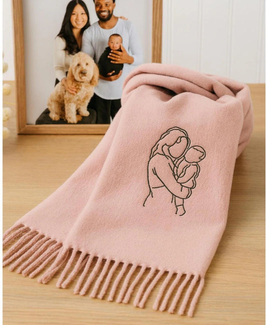 Sciarpa di lana ricamata personalizzata con foto: regalo unico per lei e per lui