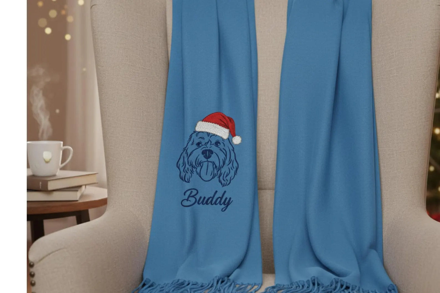 Ritratto di animale domestico su una sciarpa di lana – Sciarpa ricamata individualmente con nome e motivo