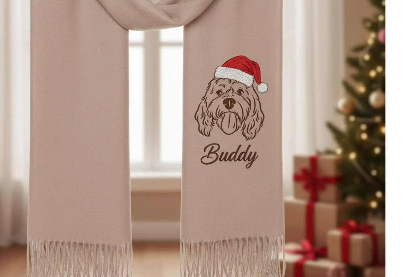 Ritratto di animale domestico su una sciarpa di lana – Sciarpa ricamata individualmente con nome e motivo