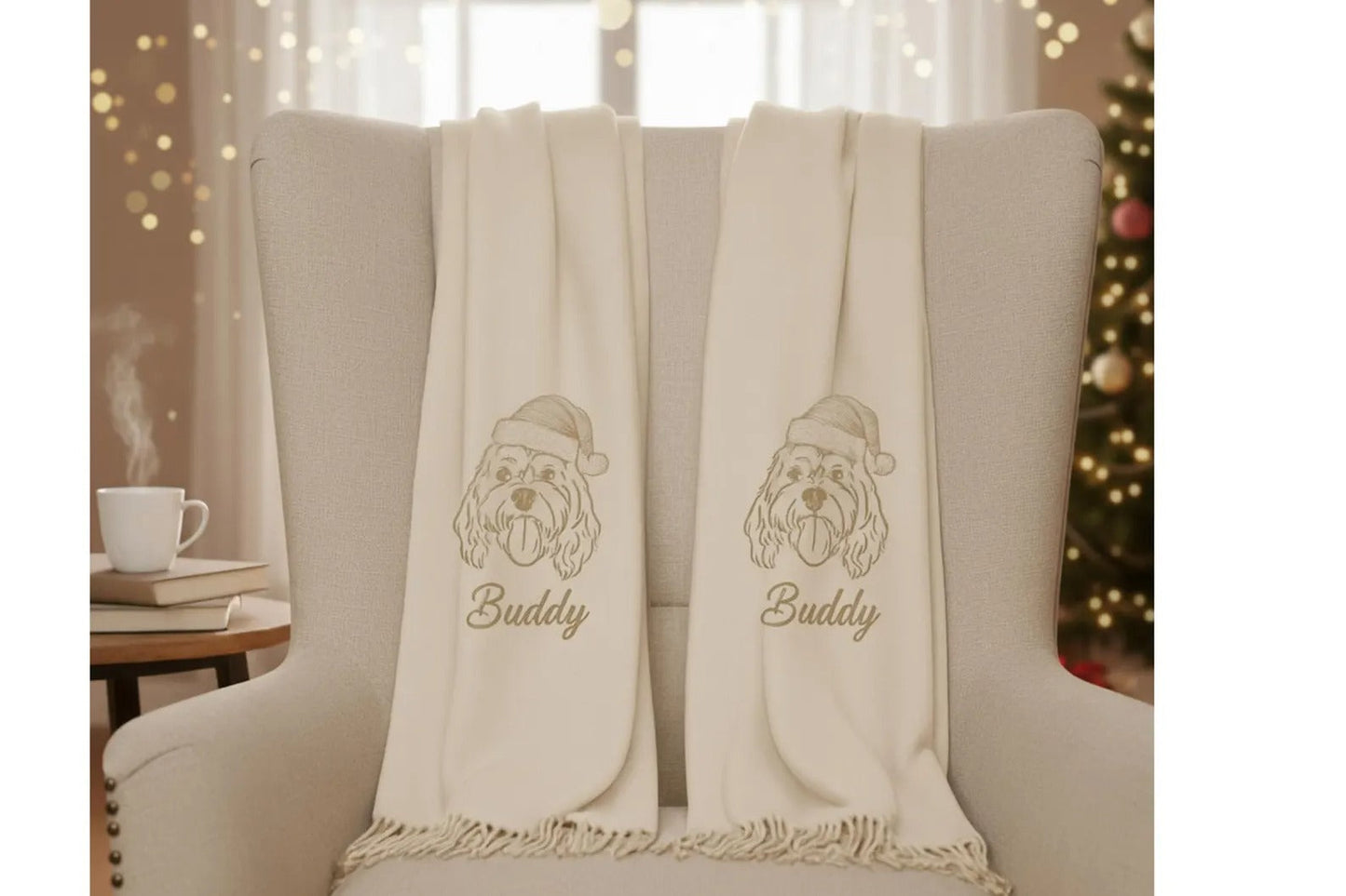 Ritratto di animale domestico su una sciarpa di lana – Sciarpa ricamata individualmente con nome e motivo