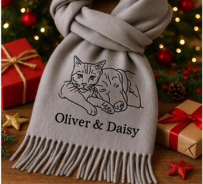 Sciarpa di lana personalizzata con ritratto di animale domestico: cane o gatto ricamato individualmente