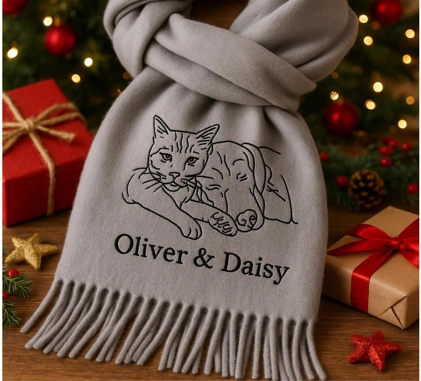 Sciarpa di lana ricamata con volto di animale domestico – Regalo personalizzato per gli amanti degli animali